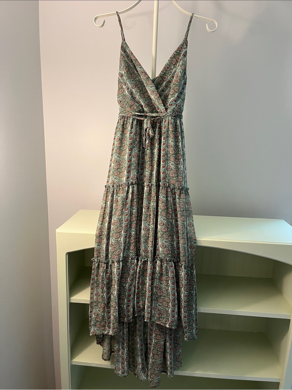 Sage High-Low Maxi Dress, floral print, Size Small